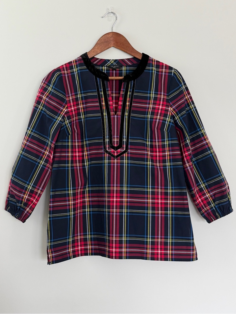Talbots Cabin Plaid Split Neck Tunic Velvet Trim Cotton Top Small - Picture 3 of 15